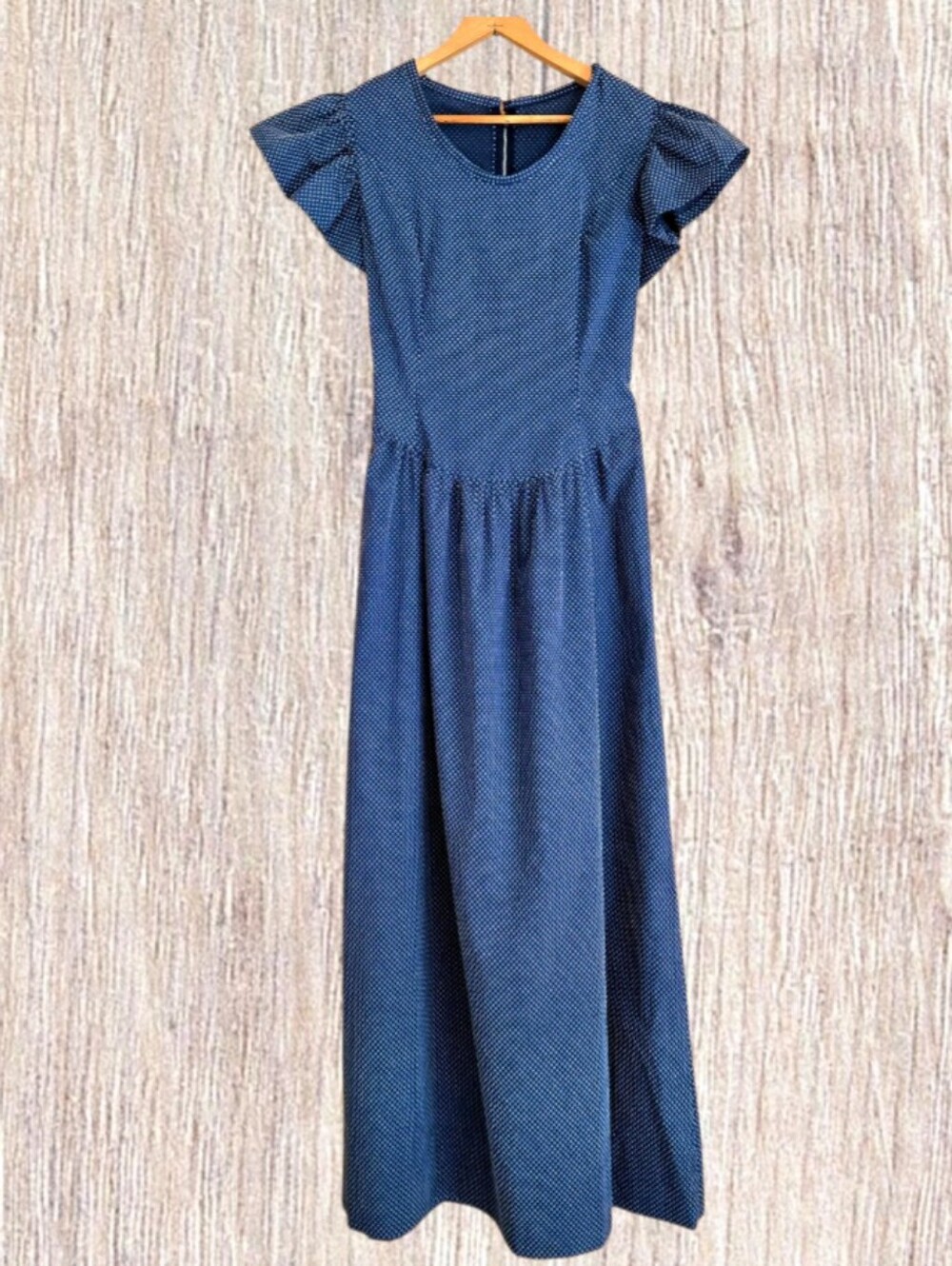Vintage Blue Dotted Swiss Maxi Dress Back Zip Short Ruffle Sleeve Sz S  Coquette